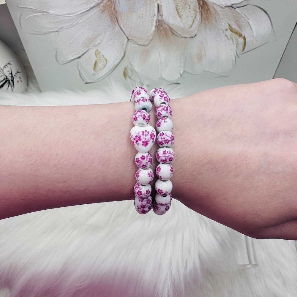 Chinese-Style Ceramic Floral Beaded Stretch Bracelet Pink floral Duo with Cross